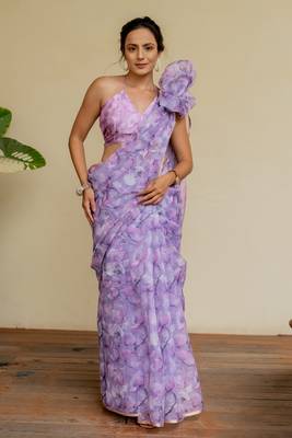 Light purple organza floral print golden gota work golden border saree 1