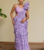 Light purple organza floral print golden gota work golden border saree