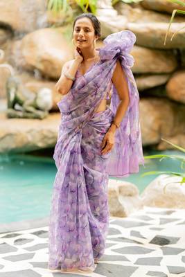 Light purple organza floral print golden gota work golden border saree 3