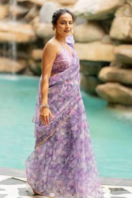 Light purple organza floral print golden gota work golden border saree 4