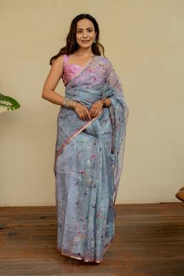 Greyish blue organza floral print golden gota work golden border saree 2