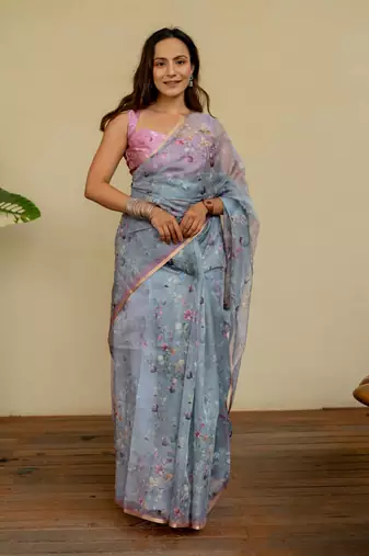 Greyish blue organza floral print golden gota work golden border saree
