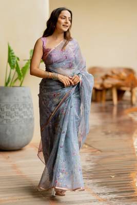 Greyish blue organza floral print golden gota work golden border saree 3