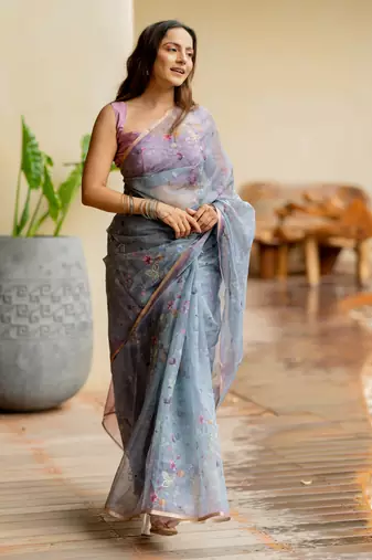 Greyish blue organza floral print golden gota work golden border saree