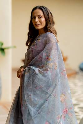 Greyish blue organza floral print golden gota work golden border saree 5