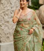 Light olive green organza floral print golden gota work golden border saree