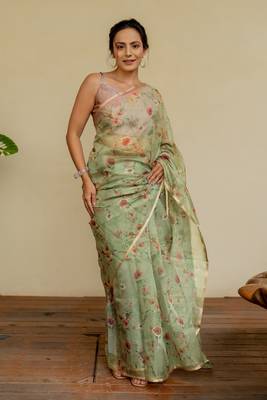 Light olive green organza floral print golden gota work golden border saree 2