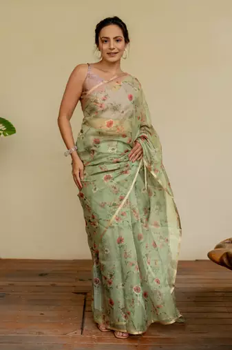 Light olive green organza floral print golden gota work golden border saree