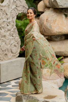 Light olive green organza floral print golden gota work golden border saree 4