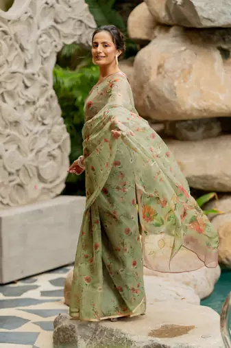 Light olive green organza floral print golden gota work golden border saree