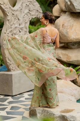 Light olive green organza floral print golden gota work golden border saree 5