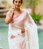 White organza floral print golden gota work golden border saree