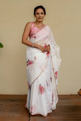 White organza floral print golden gota work golden border saree 2