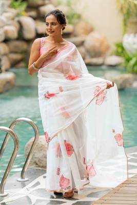 White organza floral print golden gota work golden border saree 3