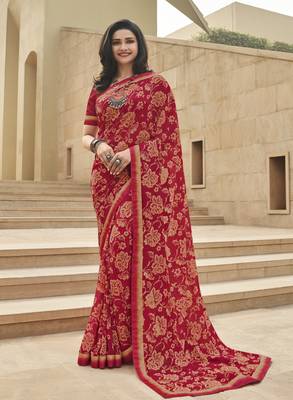 Red Prachi Georgette silk bland all over printed & Lace Border saree with Blouse 1