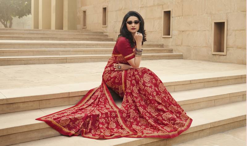 Red Prachi Georgette silk bland all over printed & Lace Border saree with Blouse