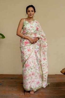 Off white organza floral print golden gota work golden border saree 3
