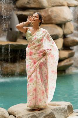 Off white organza floral print golden gota work golden border saree 1