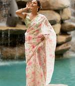 Off white organza floral print golden gota work golden border saree