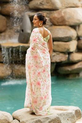Off white organza floral print golden gota work golden border saree 5