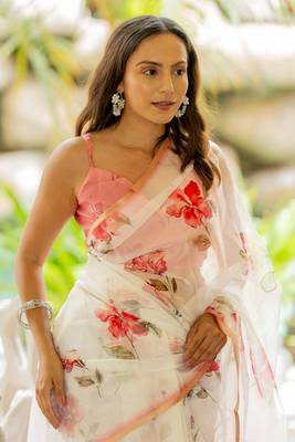 White organza floral print golden gota work golden border saree 1