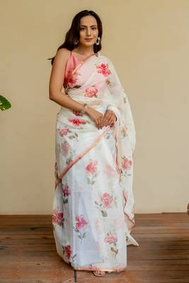 White organza floral print golden gota work golden border saree 2