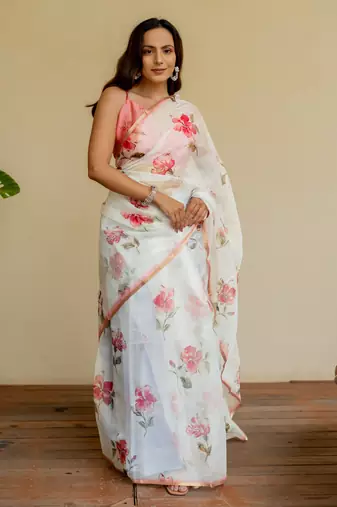 White organza floral print golden gota work golden border saree