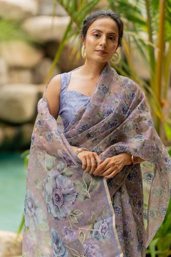 Dusty lavender organza floral print golden gota work golden border saree
