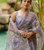 Dusty lavender organza floral print golden gota work golden border saree