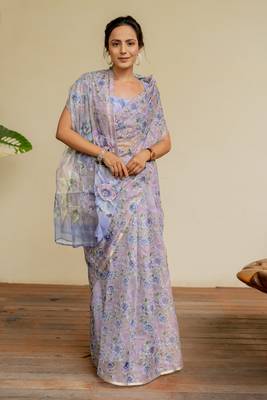 Dusty lavender organza floral print golden gota work golden border saree 2