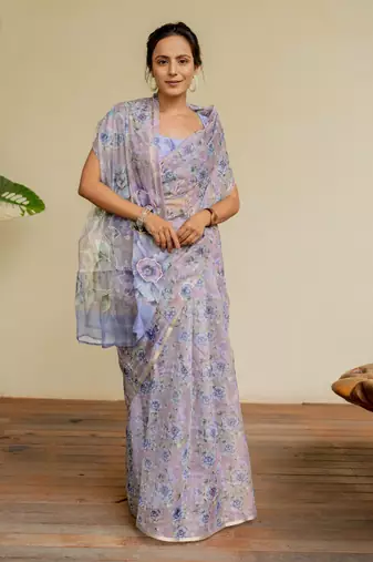 Dusty lavender organza floral print golden gota work golden border saree
