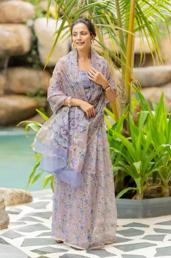 Dusty lavender organza floral print golden gota work golden border saree