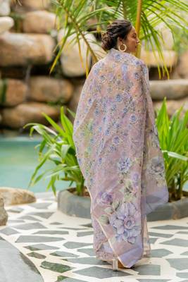 Dusty lavender organza floral print golden gota work golden border saree 5