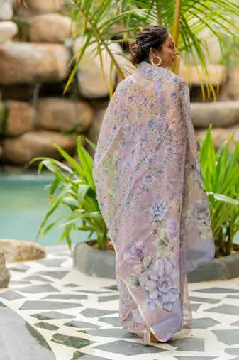 Dusty lavender organza floral print golden gota work golden border saree