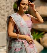 Light grey organza floral print golden gota work golden border saree