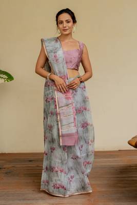 Light grey organza floral print golden gota work golden border saree 2