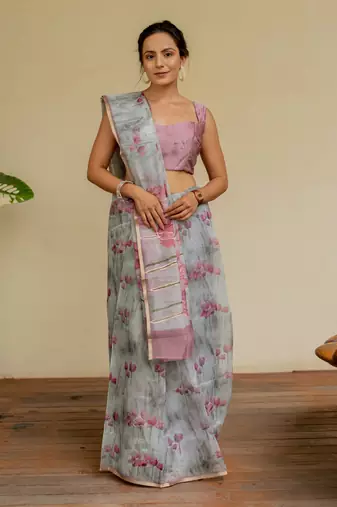 Light grey organza floral print golden gota work golden border saree