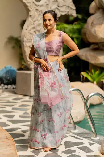 Light grey organza floral print golden gota work golden border saree