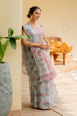 Light grey organza floral print golden gota work golden border saree 4