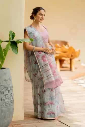 Light grey organza floral print golden gota work golden border saree