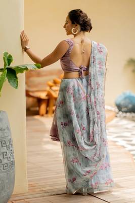 Light grey organza floral print golden gota work golden border saree 5