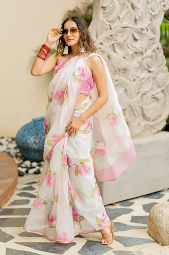 Off white organza floral print golden gota work golden border saree