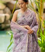 Dusty lavender organza floral print golden gota work golden border saree