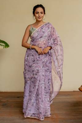 Dusty lavender organza floral print golden gota work golden border saree 2