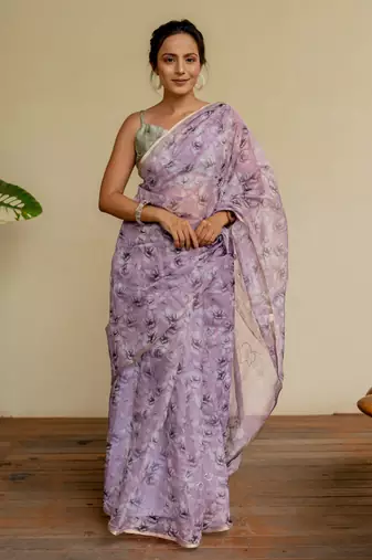 Dusty lavender organza floral print golden gota work golden border saree