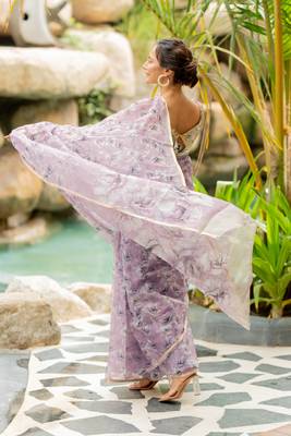 Dusty lavender organza floral print golden gota work golden border saree 5