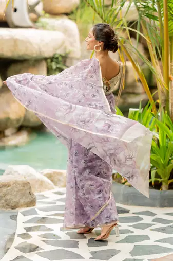 Dusty lavender organza floral print golden gota work golden border saree