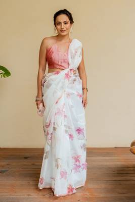 White organza floral print golden gota work golden border saree 2