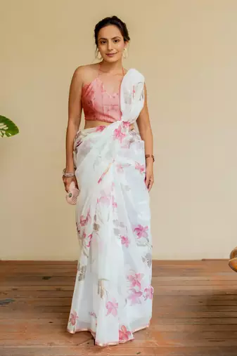 White organza floral print golden gota work golden border saree