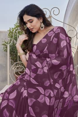 Wine chiffon leaf print floral print saree 1